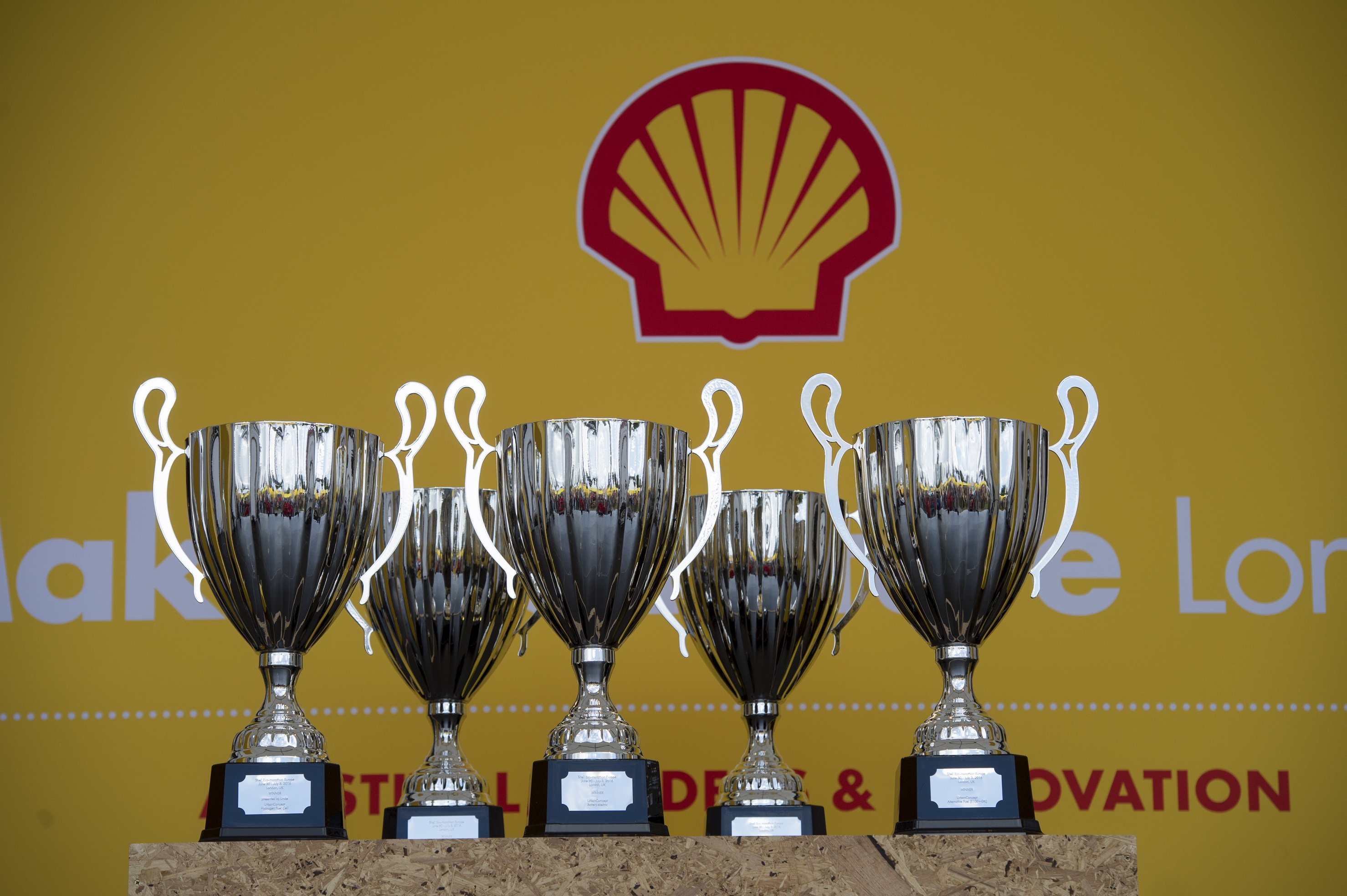 The 1st place prizes are lined up on stage during Make the Future London 2016 at the Queen Elizabeth Olympic Park, Saturday, July 2, 2016 in London, UK. (Fiona Hanson for Shell)