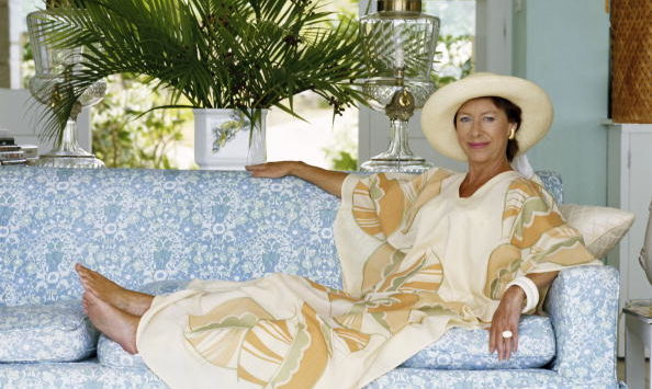 HRH The Princess Margaret reclining on a sofa at her home, Les Jolies Eaux, on Mustique in the West Indies in April 1976. (Photo by Lichfield/Getty Images).