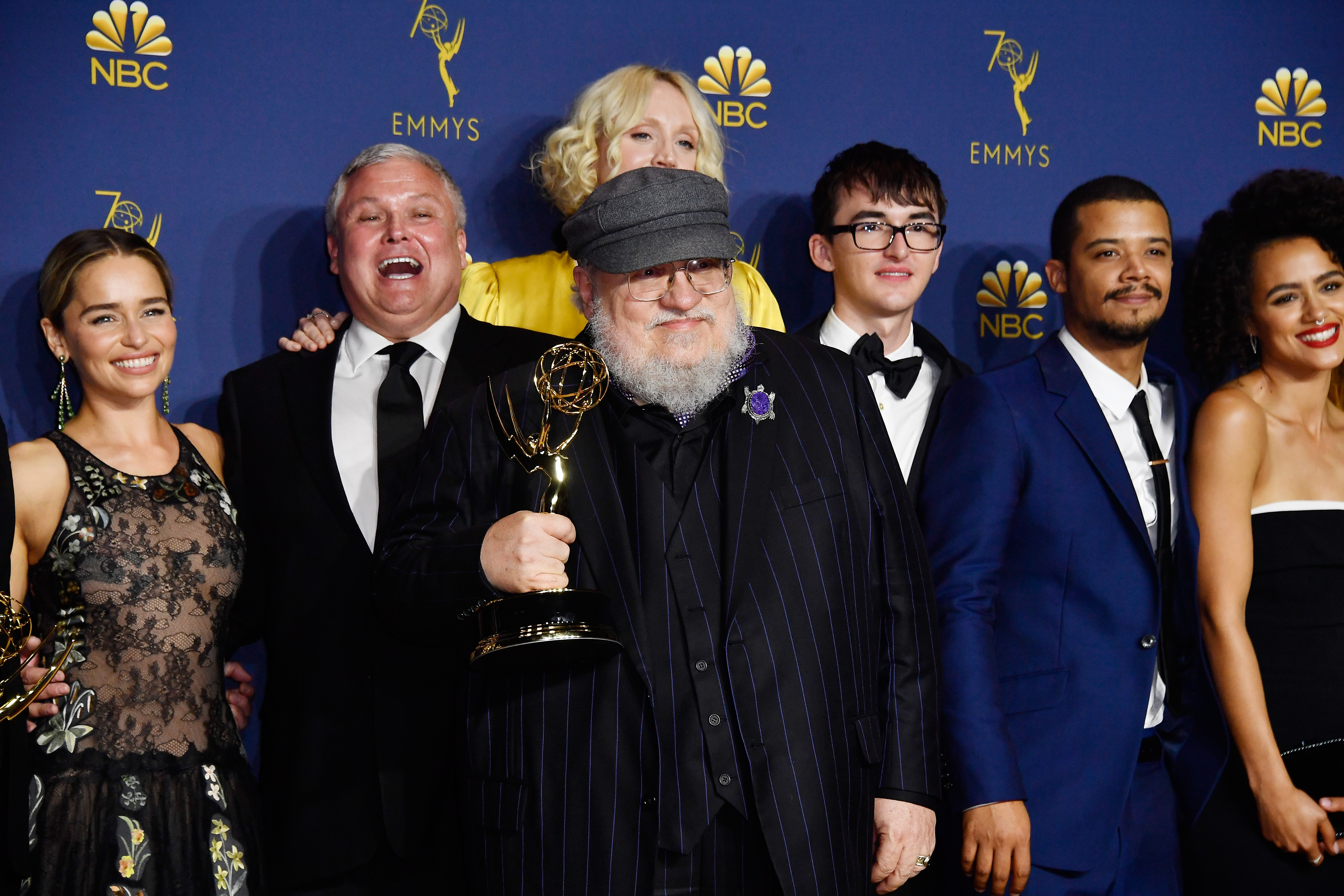 LOS ANGELES, CA - SEPTEMBER 17:  Cast and crew of Outstanding Drama Series winner 'Game of Thrones' pose in the press room during the 70th Emmy Awards at Microsoft Theater on September 17, 2018 in Los Angeles, California.  (Photo by Frazer Harrison/Getty Images)