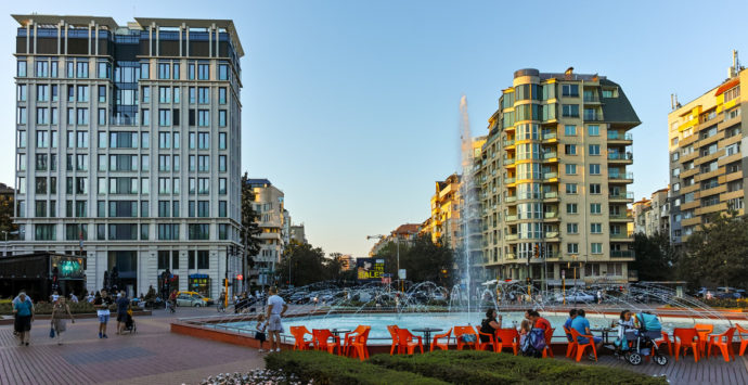 Sofia, Bulgaria - August 11, 2017: Sunset view of Entrance of South Park in city of Sofia, Bulgaria