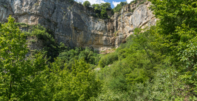 Beautiful landscape with Waterfall Skaklya near villages of Zasele and Bov at Vazov trail, Balkan Mountains, Bulgaria