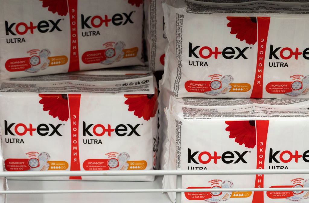KIEV, UKRAINE - 2020/05/18: Kotex menstrual hygiene pads seen displayed in a supermarket store. (Photo by Igor Golovniov/SOPA Images/LightRocket via Getty Images)